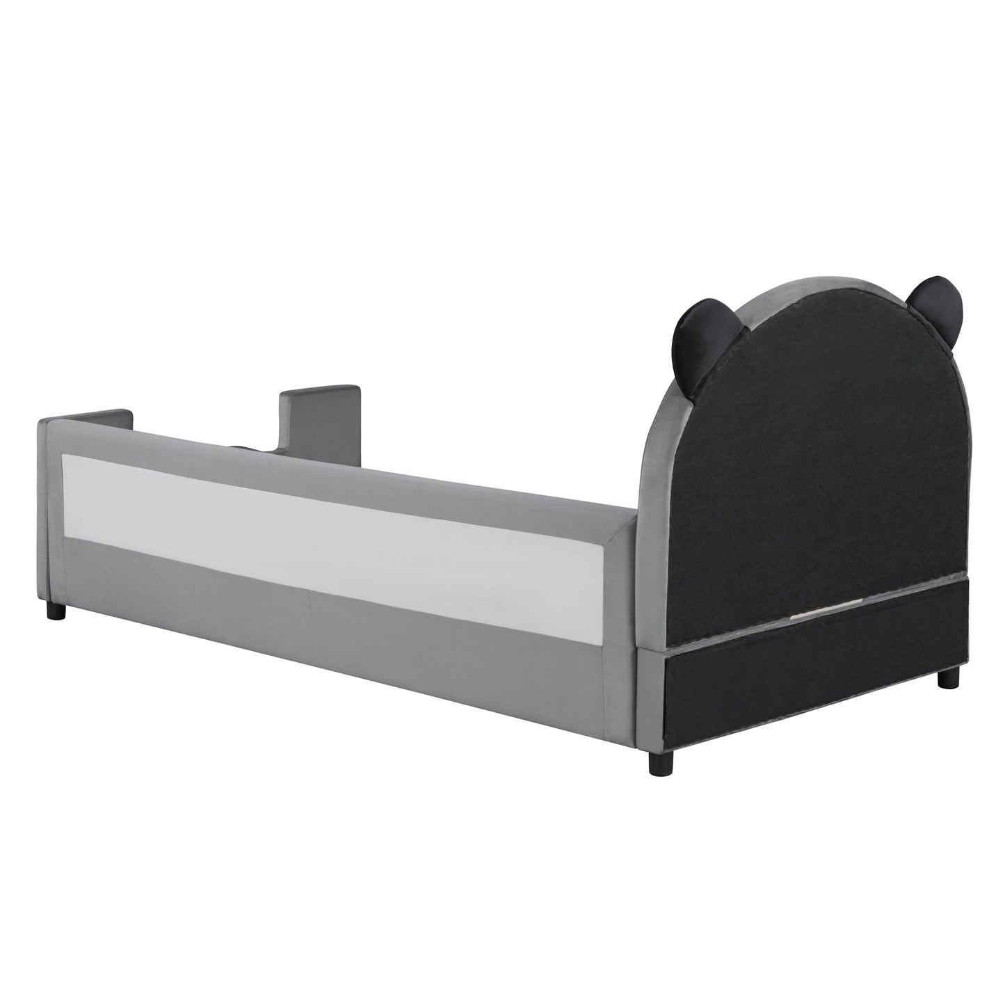 Twin Size Upholstered Daybed with Bear Shaped Headboard, Hydraulic System and Breathable Mesh Fence, Gray