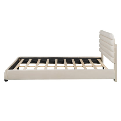 Queen Size Velvet Upholstered Platform Bed,Solid Frame and Stylish Curve-shaped Design, Beige