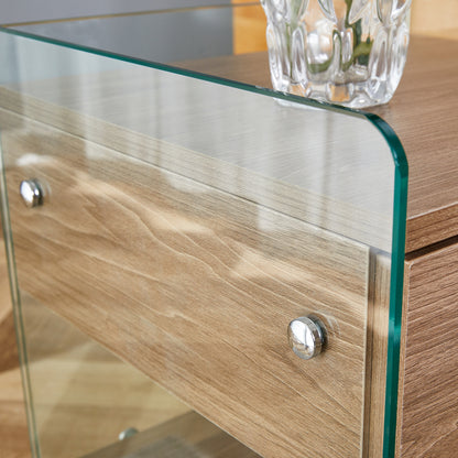 Bedside table with drawers. The board surface is MDF sticker, and both sides are transparent tempered glass. The design is simple and elegant, with excellent storage functions.