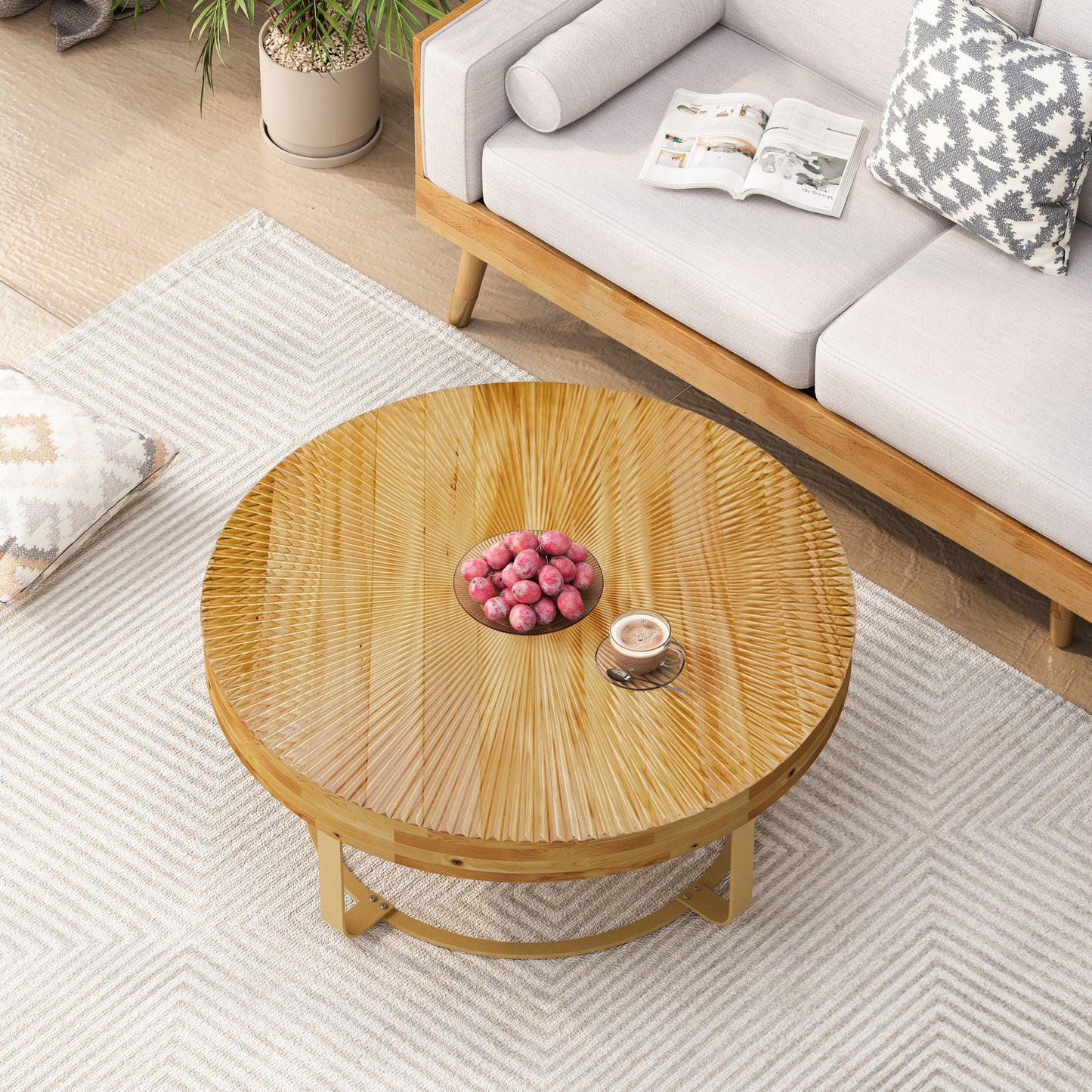 Modern round coffee table Wooden carving pattern coffee table with metal legs for living room reception room office Golden