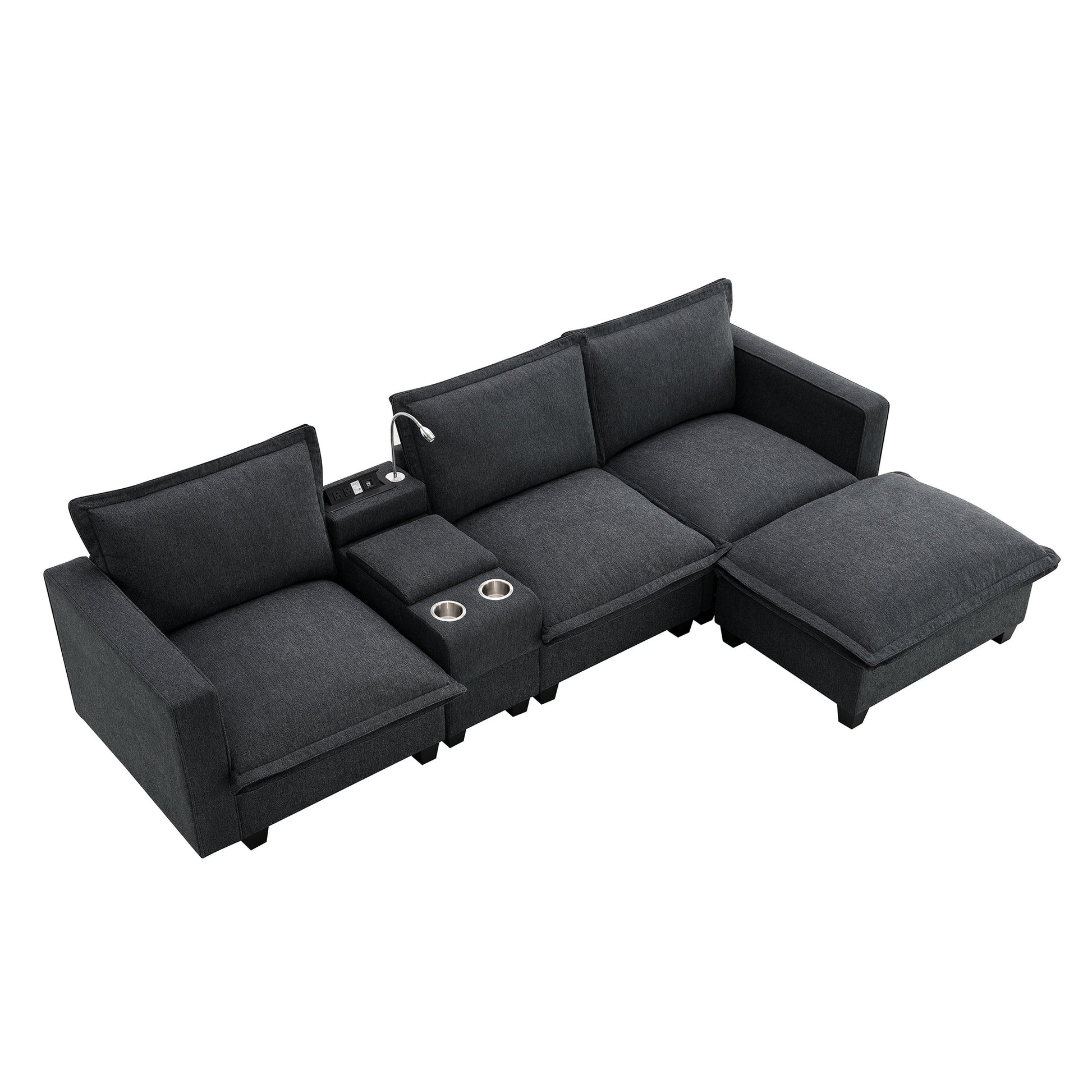 [VIDEO provided][New]109*57"Modern Sectional Cloud Sofa with Console,USB Charging Port,Reading Light,Cup Holder,4 Seat Chenille Modular Couch,Storable Indoor Funiture for Living Room,Apartment,2 Color