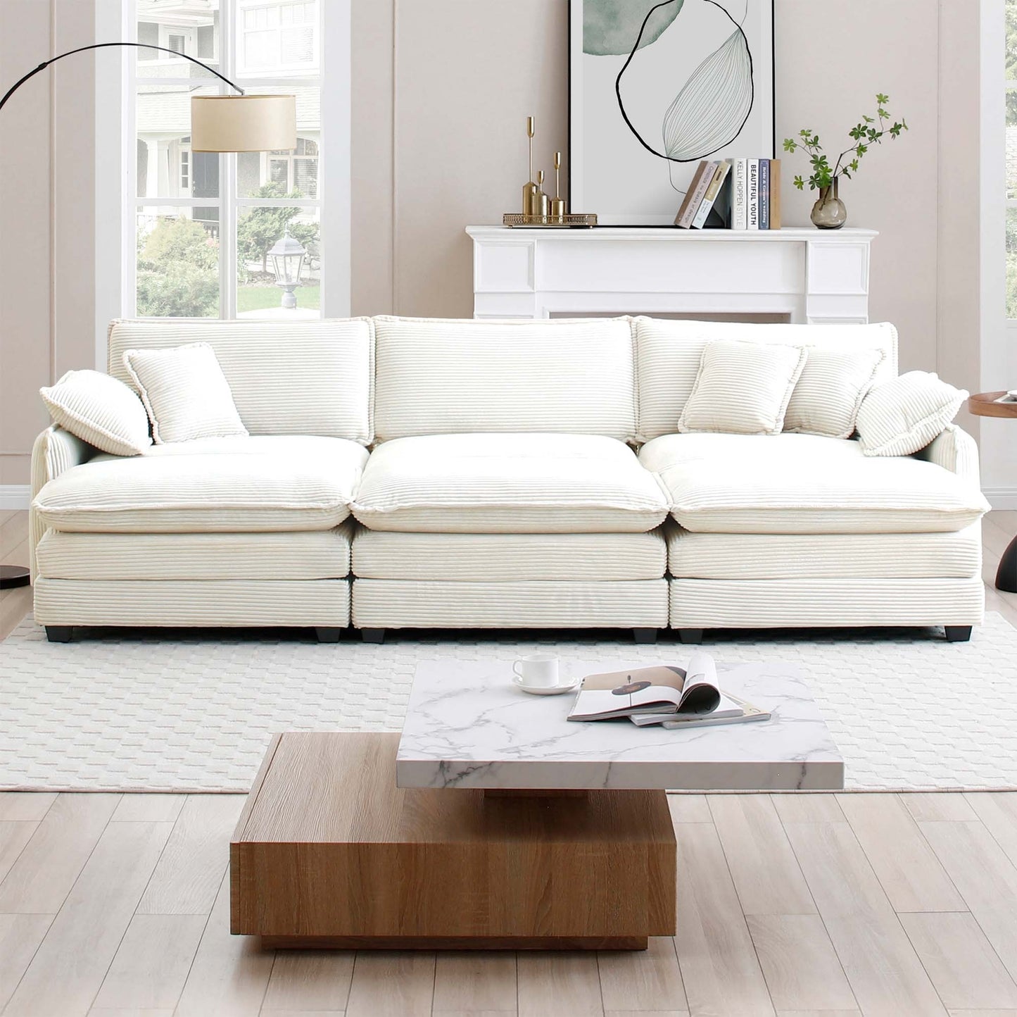 Oversized modular cushioned sofa,with 3 ottomans to work as sleeper sofa beds, 3-seater sofa with 3 footstools, Beige corduroy fabric