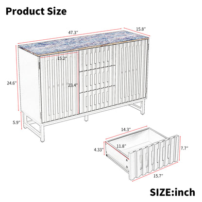 3 Drawer and 4 Shelves Dresser with Slatted Grille Striped Drawer and doors, Modern Style Dresser, High-Quality MDF and Metal Leg