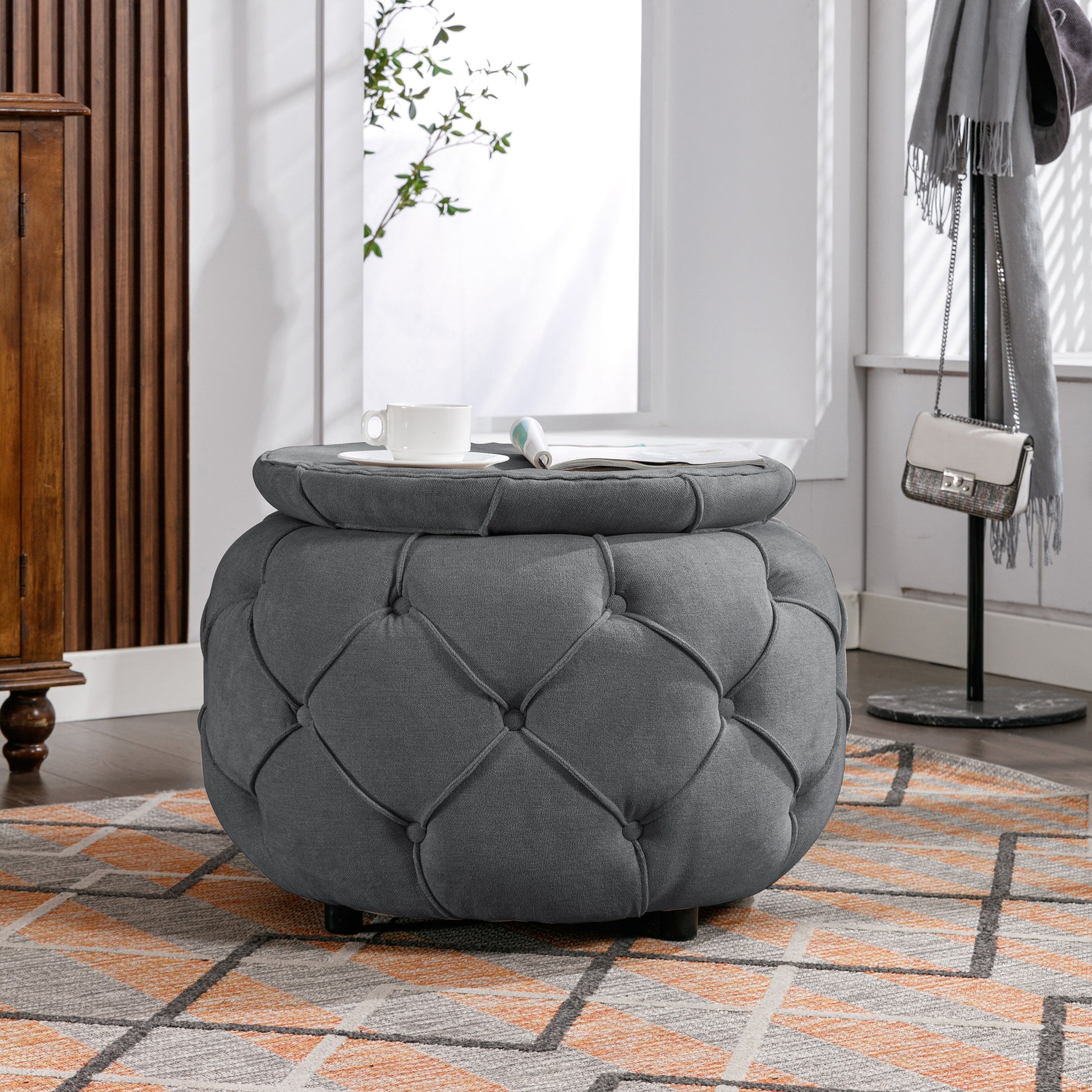 Large Button Tufted Woven Round Storage Ottoman  for Living Room & Bedroom,17.7"H Burlap Grey