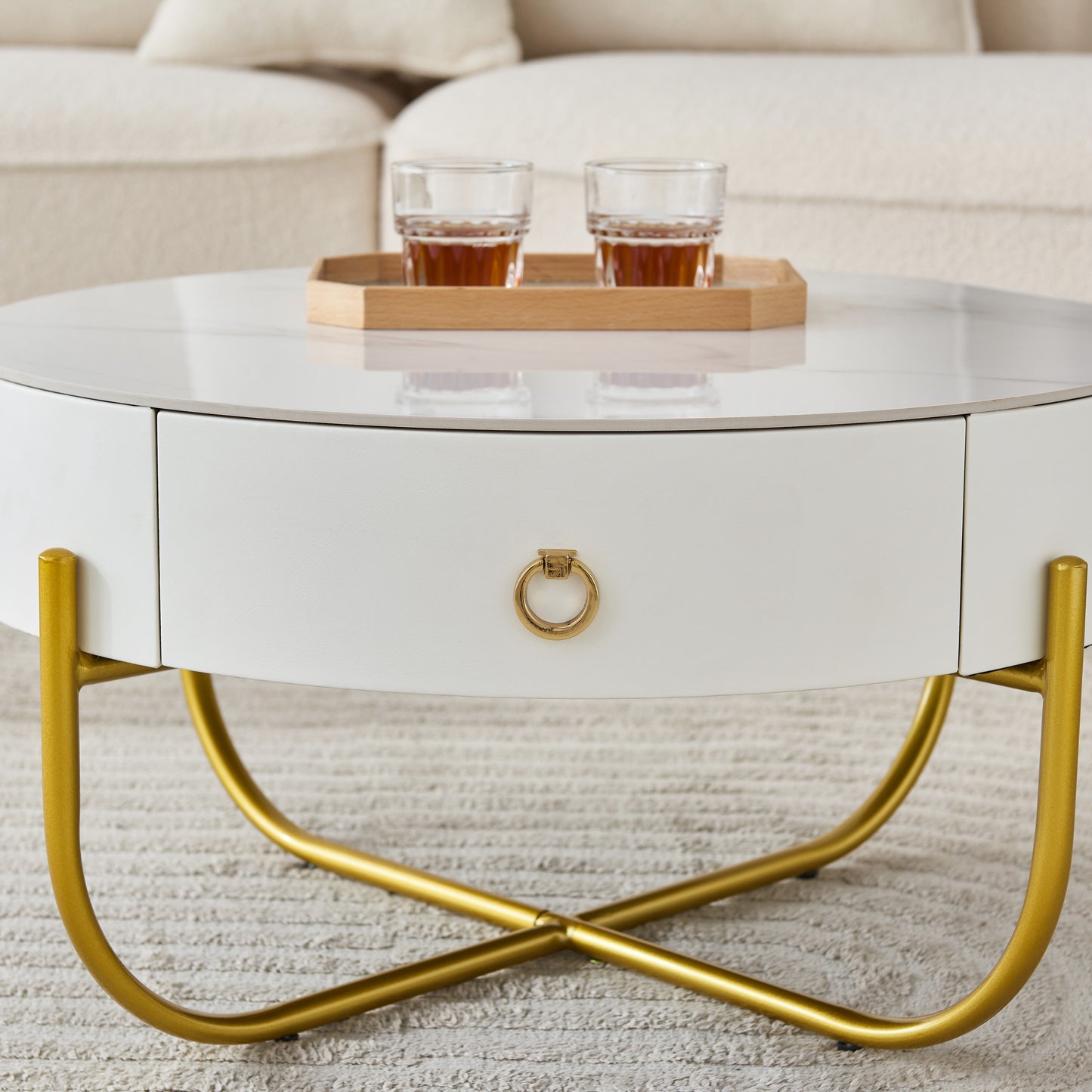 Morden Marble Nesting Table, Round Coffee Table Set of 2 End Table for Living Room,Stacking Side Tables, for Living Room Bedroom, Accent Tea Table with Metal Frame, Sturdy and Easy Assembly(Gold)