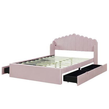 Queen Size Upholstered Platform Bed with 4 Drawers and 2 USB, Pink(Expected Arrival Time: 4.28)