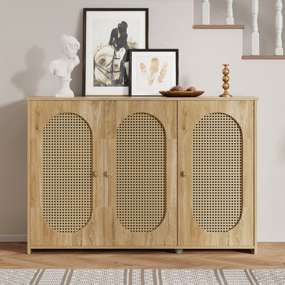 TREXM Retro 3-Door Sideboard with Large Storage Space Artificial Rattan Doors and Metal Handles, Accent Cabinet for Living Room and Hallway (Natural Wood)