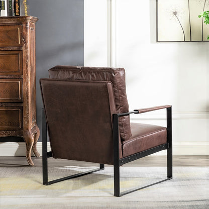 Classic Mid Century Modern Accent Chair with Durable Square Metal Frame, Armchair for Living Room, Bedroom, Home Office in Spotted Microfiber Upholstery, Dark Brown