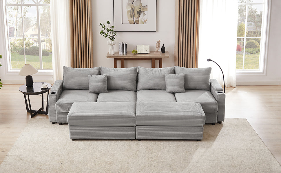 123.2" Modern Style 4-seater Sofa Sectional Sofa Couch with Storage Space, Two Movable Ottomans, Two USB Ports, Two Cup Holders, A Phone Holder for Living Room, Grey