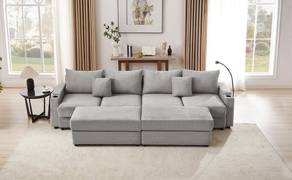 123.2" Modern Style 4-seater Sofa Sectional Sofa Couch with Storage Space, Two Movable Ottomans, Two USB Ports, Two Cup Holders, A Phone Holder for Living Room, Grey