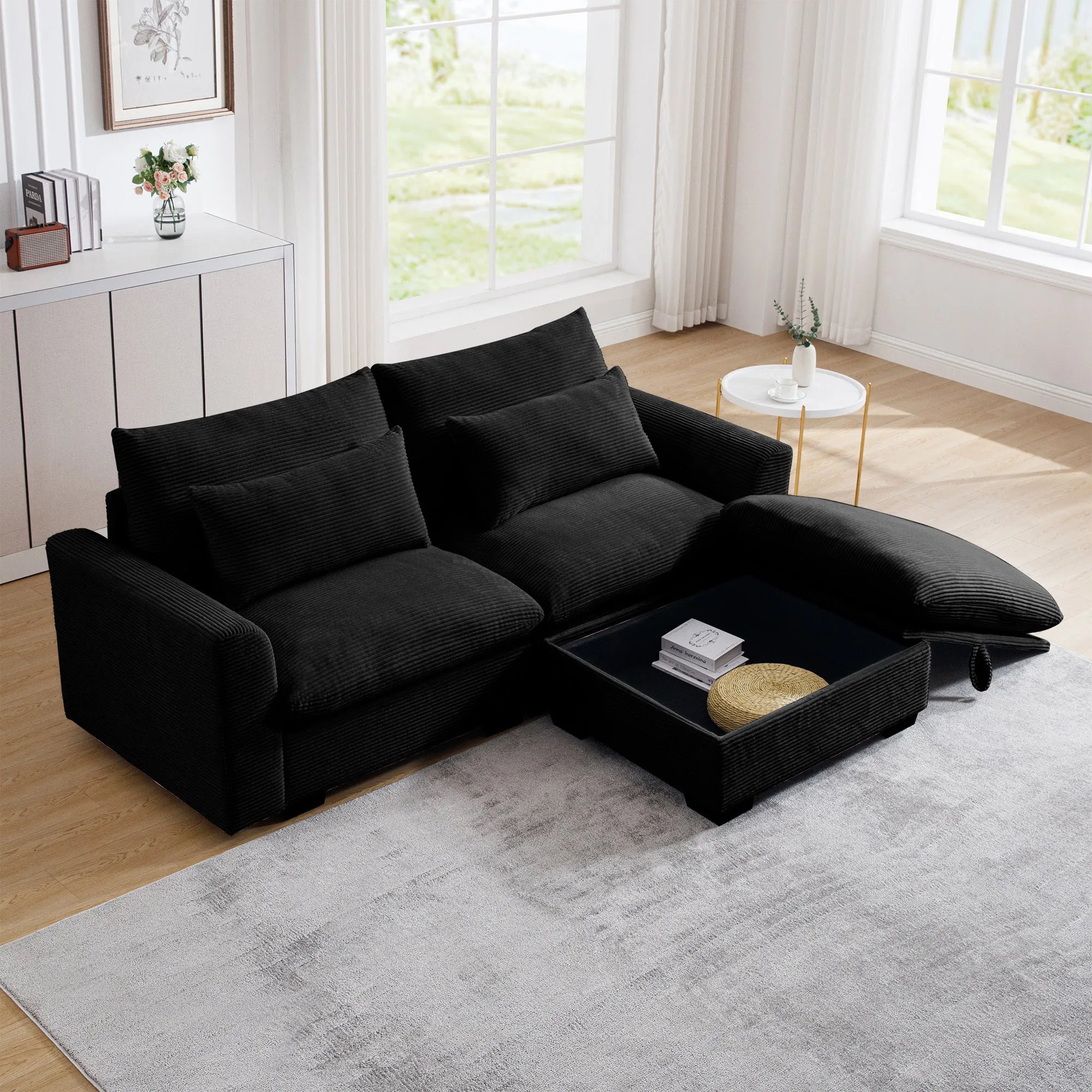 Sectional Sofa Comfy Corduroy Couch for Living Room with Pillows and Round Armrests, Modern Corduroy Sofa Sleeper Deep Couches with Storage Ottoman (Black, 2-Seat)