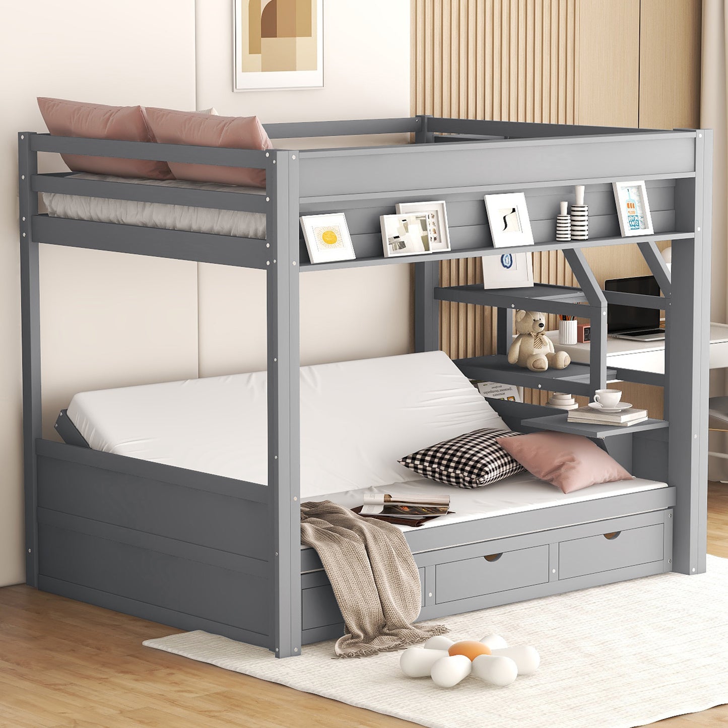 Wood Full Size Convertible Bunk Bed with Storage Staircase, Bedside Table, and 3 Drawers, Gray