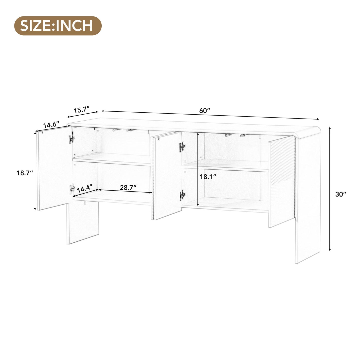 TREXM Minimalist Style 60"L Large Storage Space Sideboard with 4 Doors and Rebound Device for Living Room and Entryway (White)