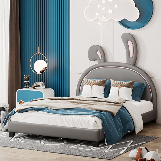 Full Size and Twin Size Upholstered Leather Platform Bed with Rabbit Ornament