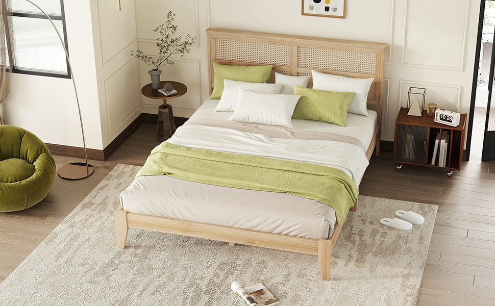 Queen Size Rubber Wooden, Solid Wooden Bed with Rattan Headboard, Enhanced by Support Feet