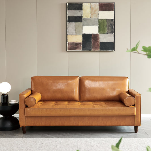 Modern Mid-Century Vegan Leather Sofa （Mocha）