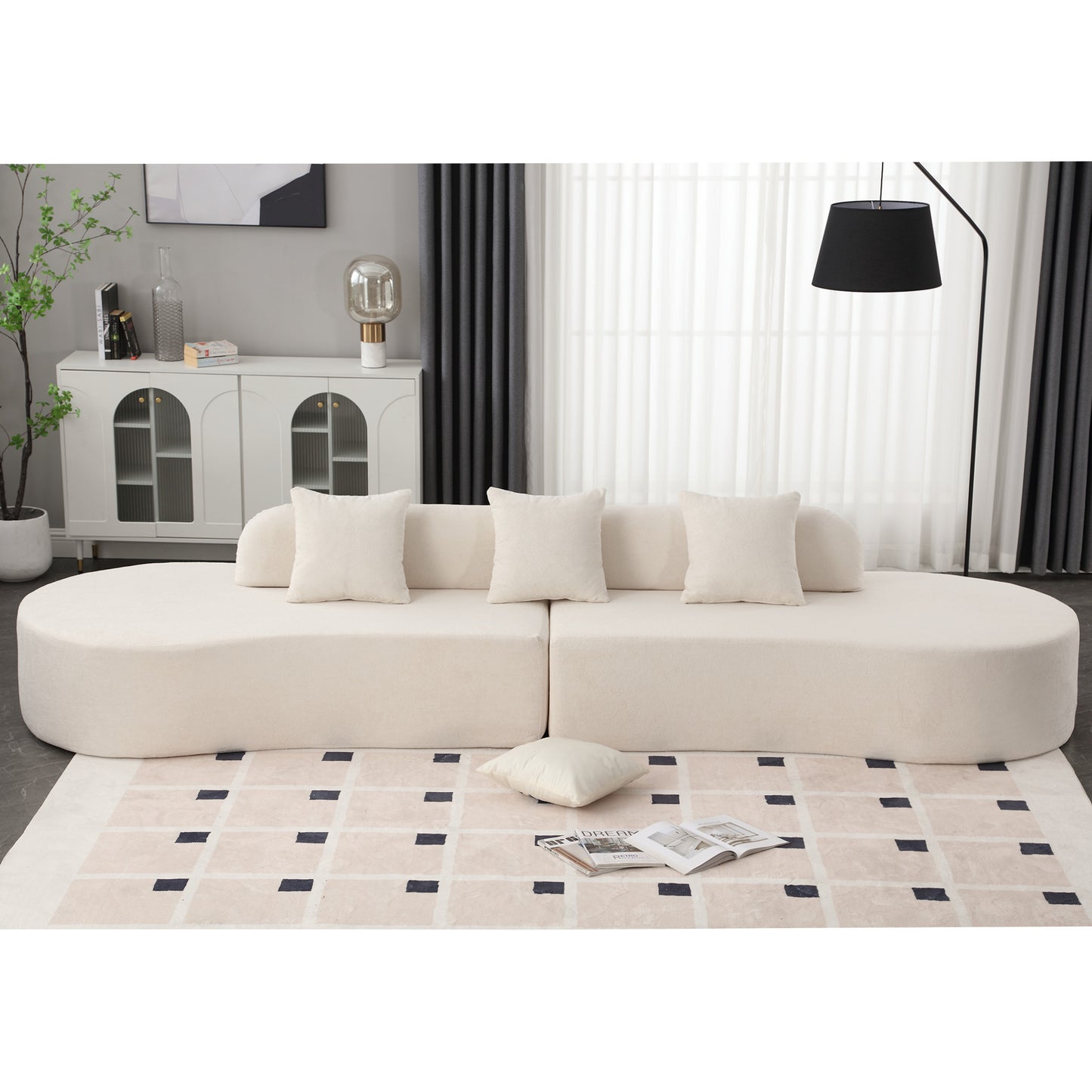 [NEW ARRIVED] [VIDEO PROVIDED] Modern curved combination sofa, terrycloth fabric sofa, minimalist sofa in living room, apartment, no assembly required, three  pillows,Beige