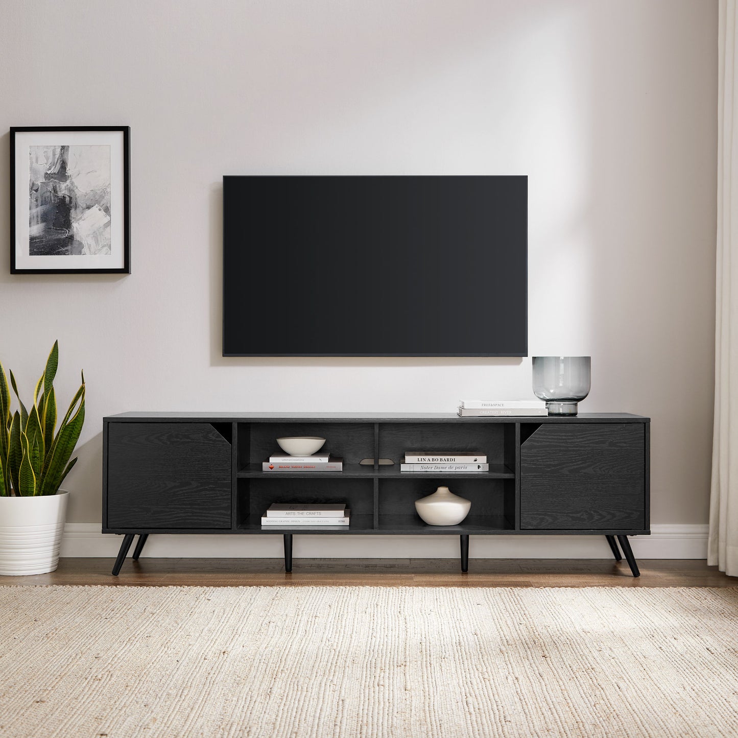 Contemporary 2-Door Minimalist TV Stand for TVs up to 80 inches – Black