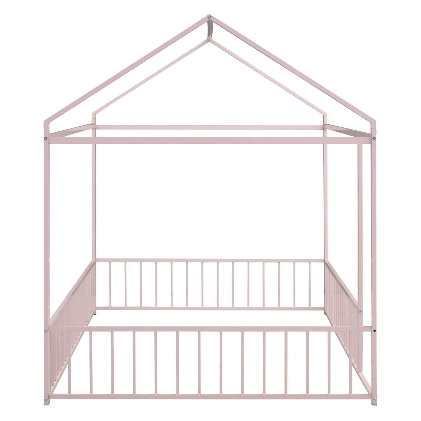 Full Size Metal Bed House Bed Frame with Fence, for Kids, Teens, Girls, Boys,Pink