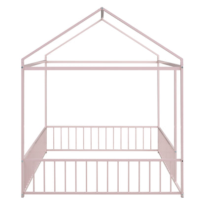 Full Size Metal Bed House Bed Frame with Fence, for Kids, Teens, Girls, Boys,Pink