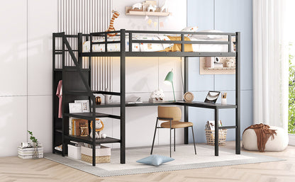 Full Size Loft Bed with L-shaped Desk and USB, Metal Loft Bed with Wardrobe and Adjustable Shelf, High Loft Bed with LED for Kids Teens Adults, Black