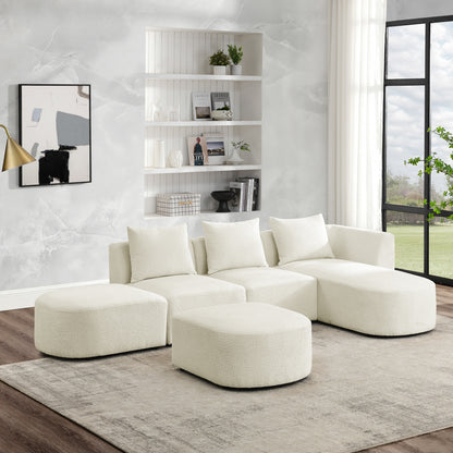 L Shape Sectional Sofa with Right Side Chaise and Ottoman, Modular Sofa, DIY Combination, Loop Yarn Fabric, Beige