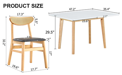 Table and chair set. White sintered stone tabletop, rubberwood legs, foldable computer desk, foldable desk. Solid wood dining chair with small curved backrest and PU cushions. ZD-1545 DX-2361