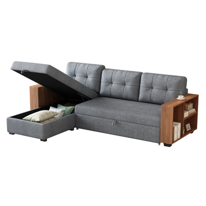 Upholstered Pull Out Sectional Sofa with Storage Chaise, Convertible Corner Couch, Light Grey-Wooden handrail