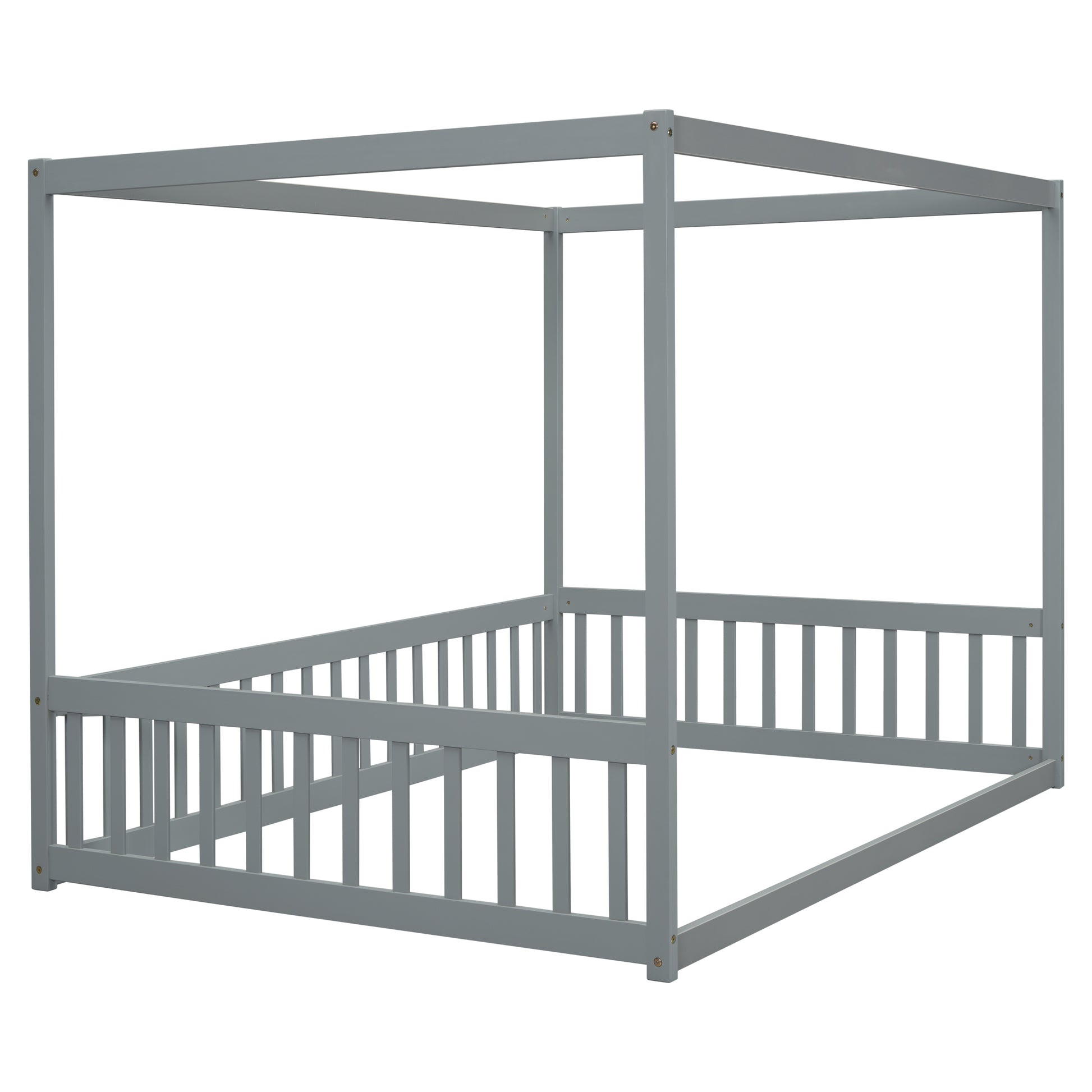 Full Size Canopy Frame Floor Bed with Fence, Guardrails,Grey