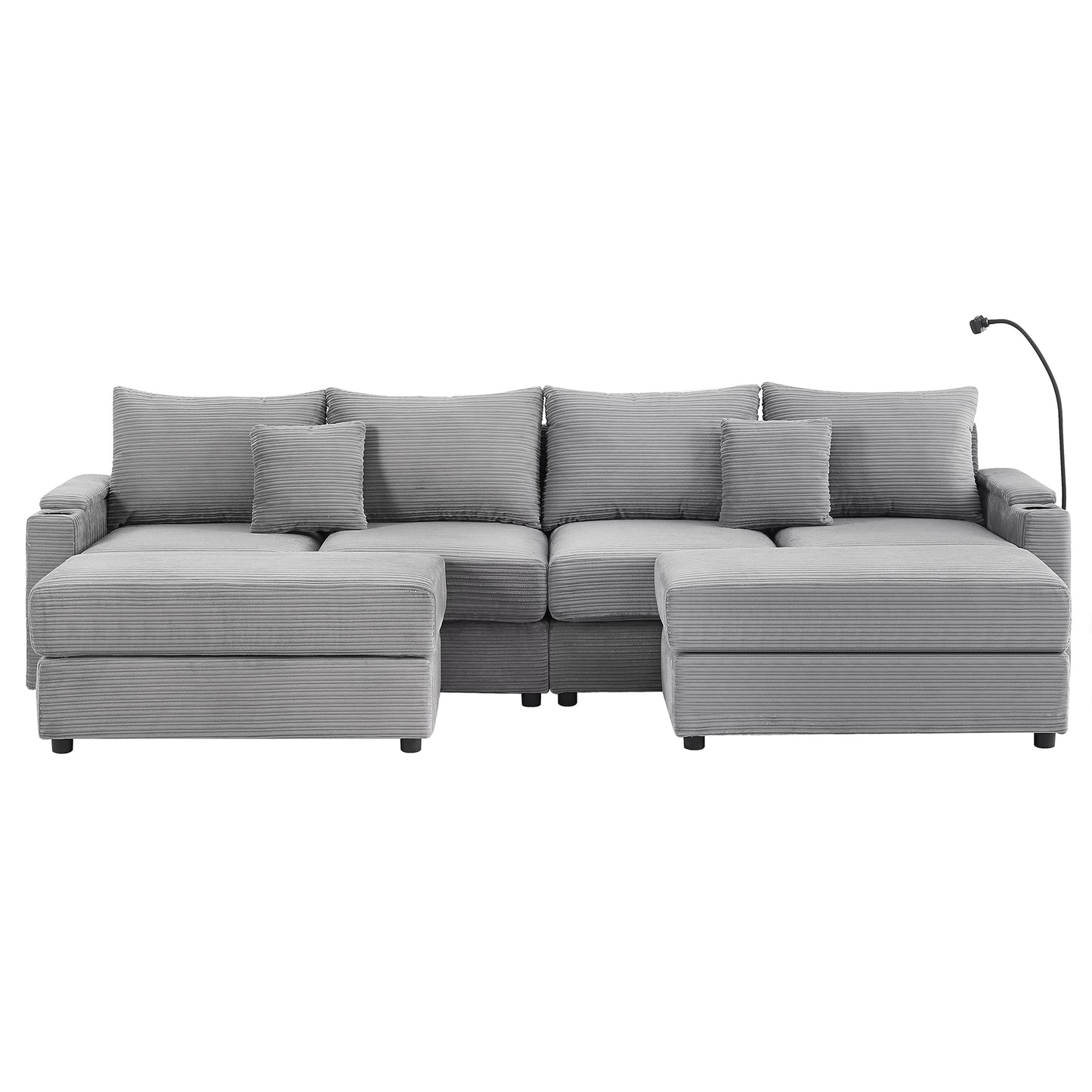 123.2" Modern Style 4-seater Sofa Sectional Sofa Couch with Storage Space, Two Movable Ottomans, Two USB Ports, Two Cup Holders, A Phone Holder for Living Room, Grey