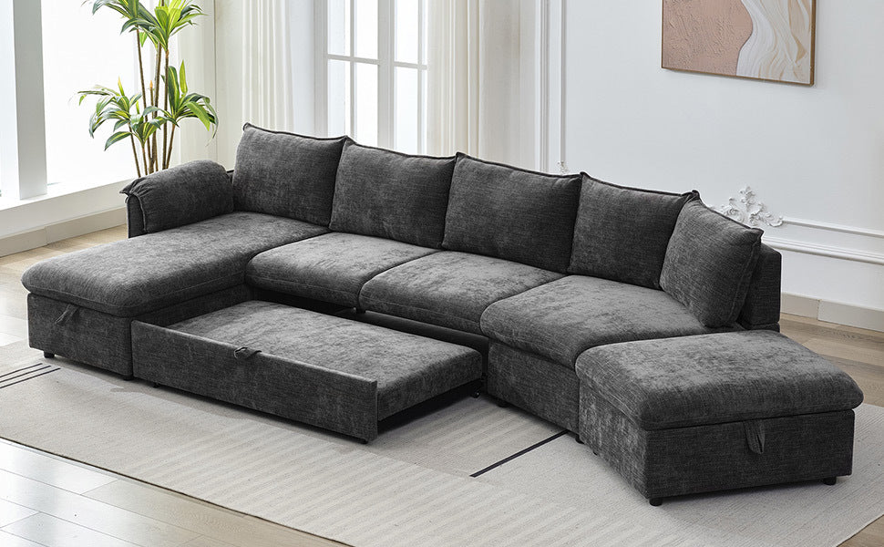 146.9" L-shaped Sofa Sectional Sofa Couch Pull-out Sofa Bed with a Movable Storage Ottoman, a Storage Chaise Lounge and Two USB Ports for Living Room, Grey