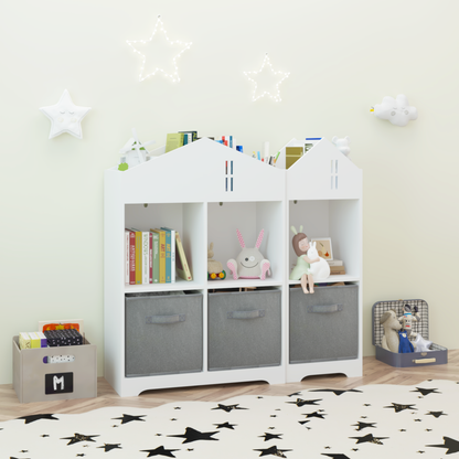 Kids Dollhouse Bookcase with Storage, 2-Tier Storage Display Organizer, Toddler Bookshelf with Collapsible Fabric Drawers for Bedroom or Playroom (White/Gray)
