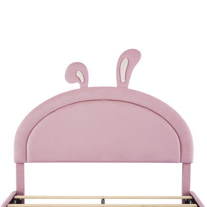 Full size Upholstered Rabbit-Shape Bed with 2 Storage Stools, Velvet Platform Bed with Cartoon Ears Shaped Headboard, Pink