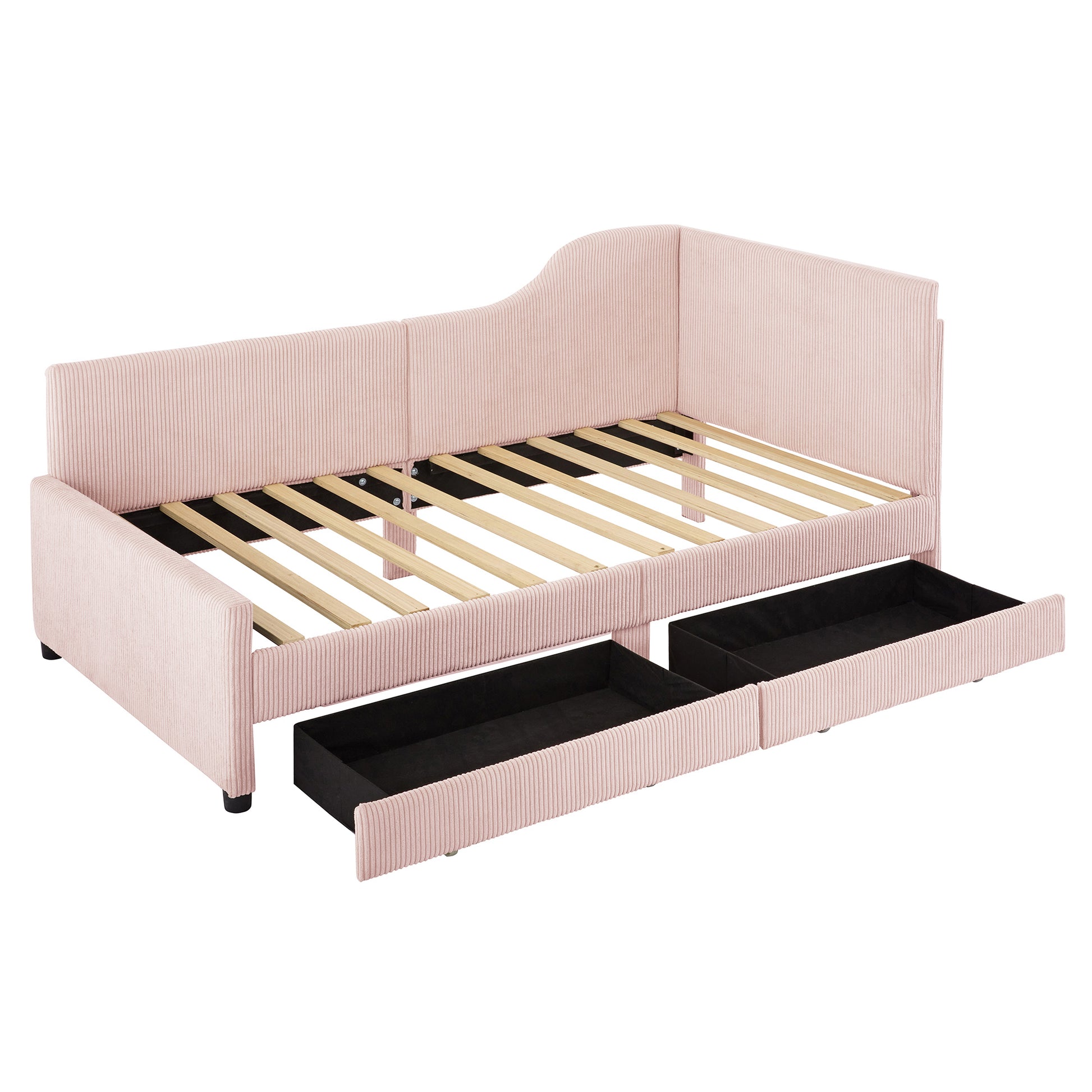 Twin Size L-Shaped Corduroy Daybed,Upholstered Bed Frame with 2 Storage Drawers,Pink