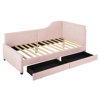 Twin Size L-Shaped Corduroy Daybed,Upholstered Bed Frame with 2 Storage Drawers,Pink