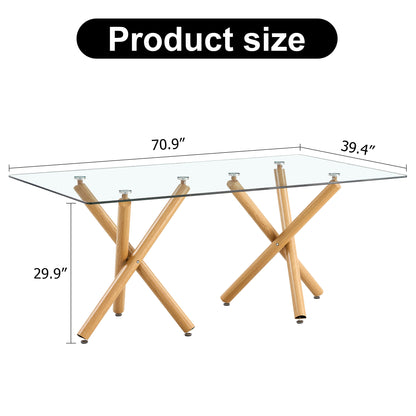 Large Modern Minimalist Rectangular Glass Dining Table for 6-8 with 0.39" Tempered Glass Tabletop and Wood Color Metal Legs, for Kitchen Dining Living Meeting Room Banquet hall, 71"Wx39" D x 30"H1538