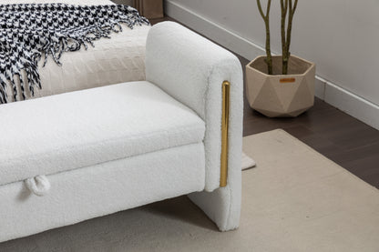 032-Teddy Fabric Storage Bench Bedroom Bench With Gold Metal Trim Strip For Living Room Bedroom Indoor,Ivory