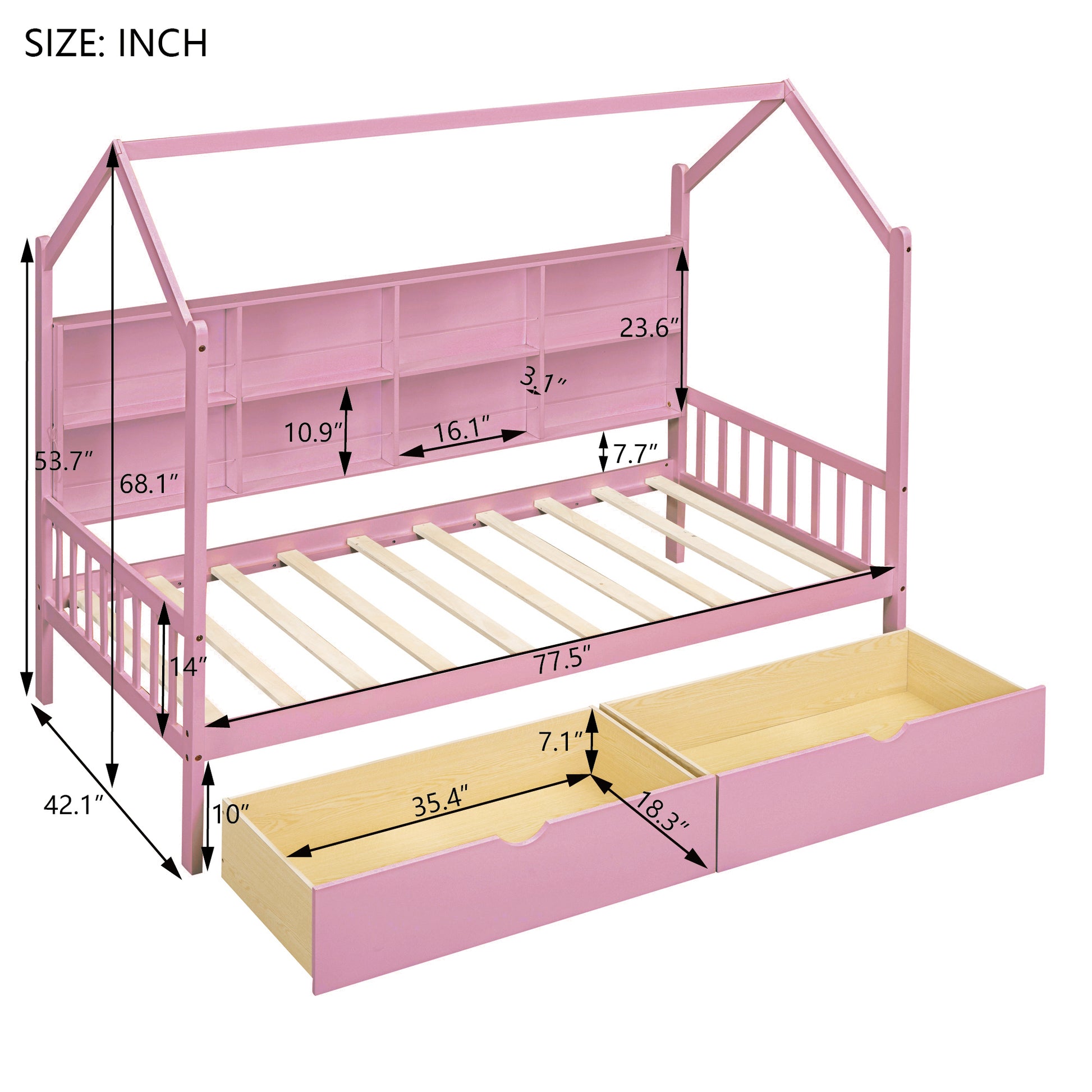 Wooden Twin Size House Bed with 2 Drawers,Kids Bed with Storage Shelf, Pink