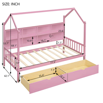 Wooden Twin Size House Bed with 2 Drawers,Kids Bed with Storage Shelf, Pink