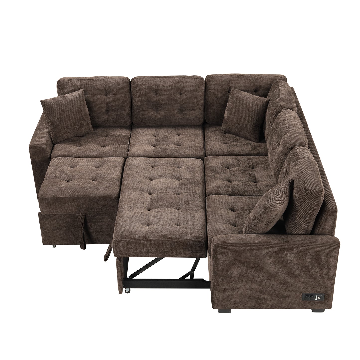 82.6" L-shape Sofa Bed Pull-out Sleeper Sofa with Wheels, USB Ports, Power Sockets for Living Room, Brown