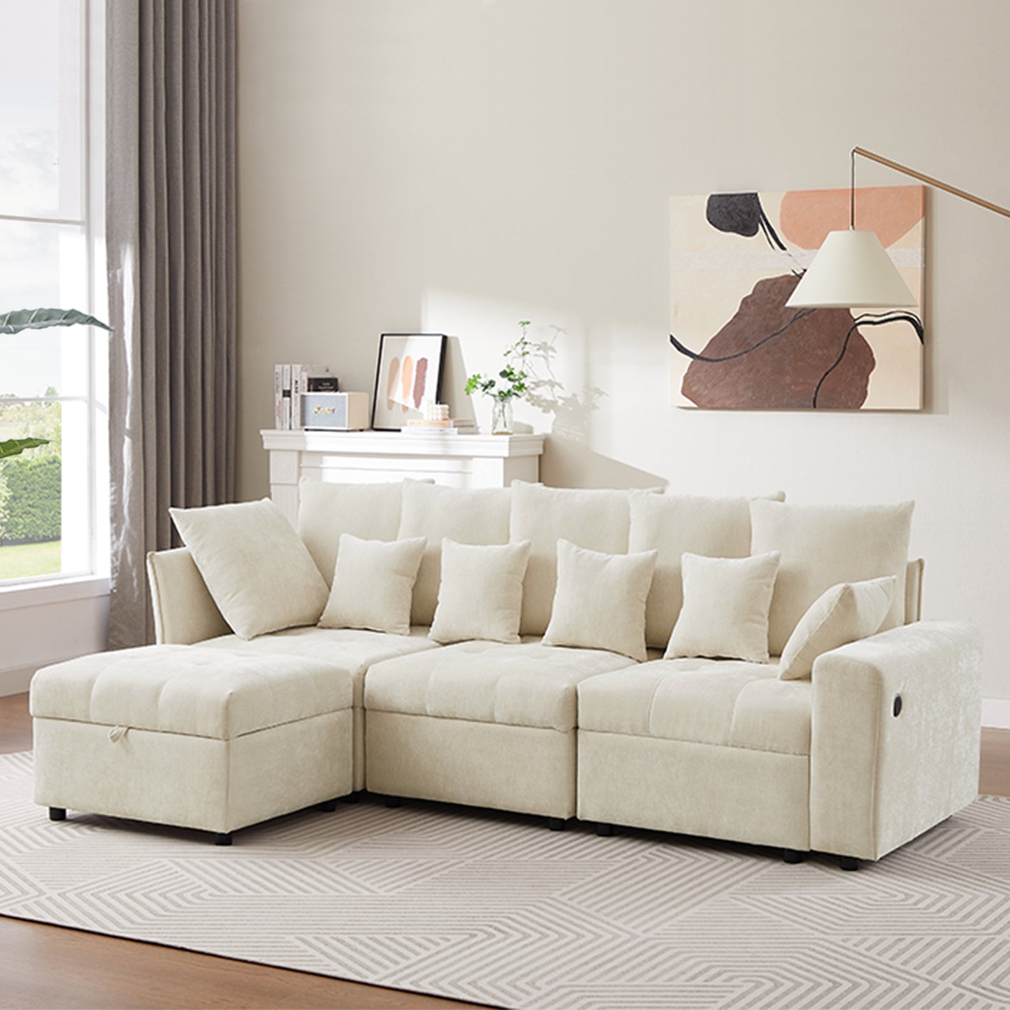 96.45"Sectional sofa Modular Sofa Couch with Three USB Ports, a Removable Storage Ottoman and Five Back Pillows for Living Room, Beige