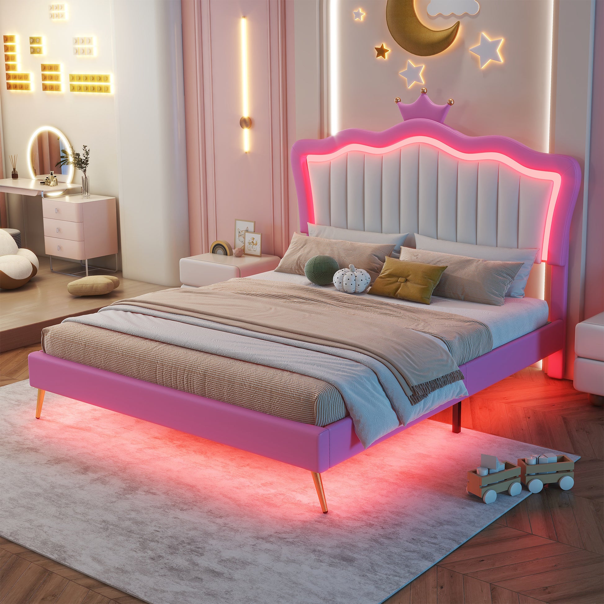 Full Size Upholstered Bed Frame with LED Lights, Modern Upholstered Princess Bed with Crown Headboard, Pink+White