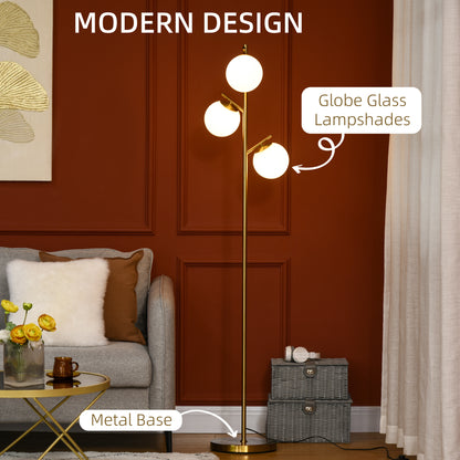 HOMCOM 3-Light Modern Floor Lamps for Living Room, Tree Standing Lamp for Bedroom with Globe Lampshade, Steel Base, (Bulb not Included), Gold