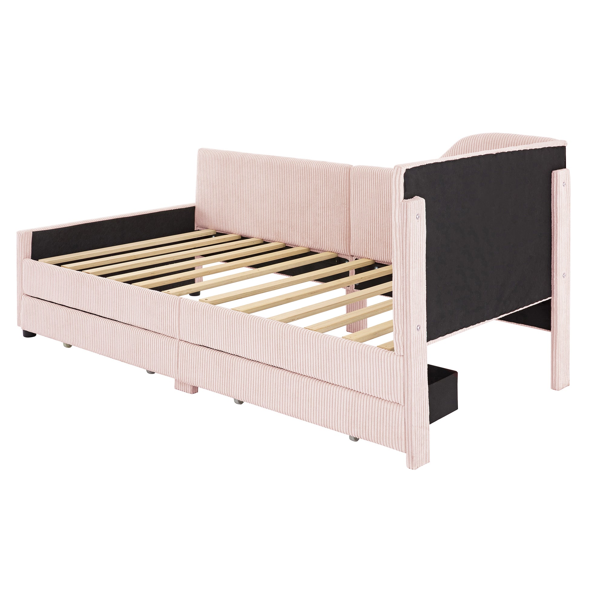 Twin Size L-Shaped Corduroy Daybed,Upholstered Bed Frame with 2 Storage Drawers,Pink