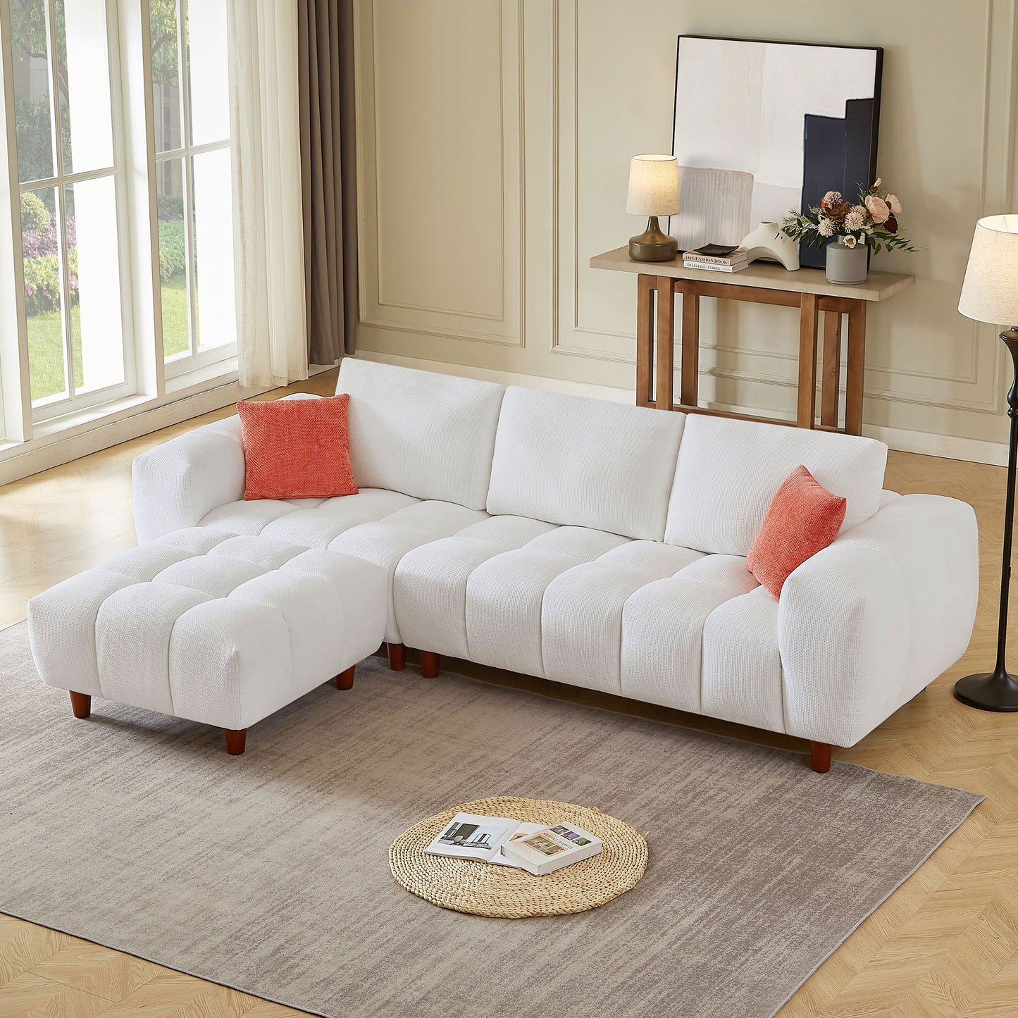 Convertible Sectional Sofa Couch, L Shaped Sofa with Fabric Couch,Modern Design Cream Style Marshmallow Sofa for Living Room and Office,White