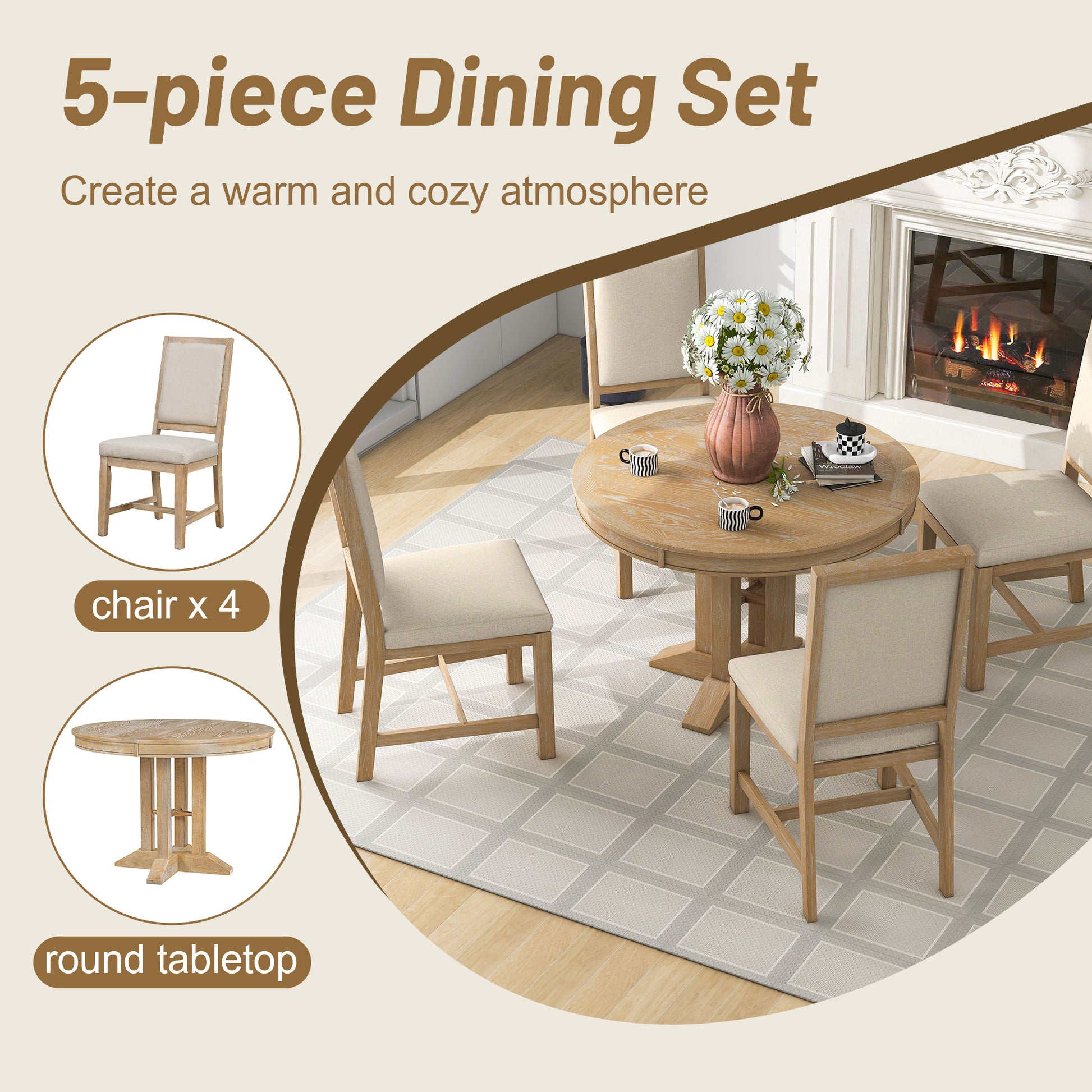 TREXM 5-Piece Dining Set Extendable Round Table and 4 Upholstered Chairs Farmhouse Dining Set for Kitchen, Dining Room(Natural Wood Wash)