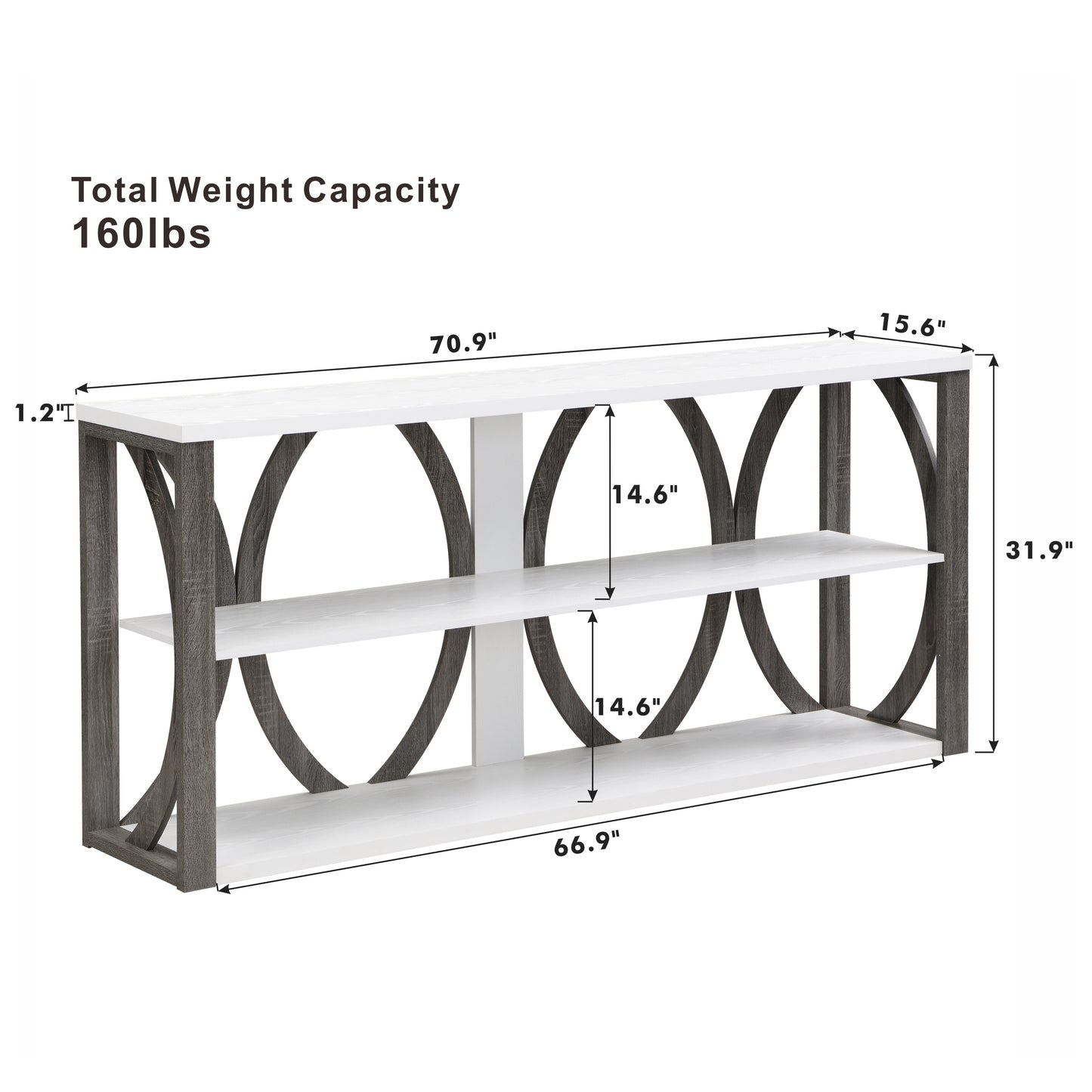 3-Tier Industrial Console Table, 70.87 inch, Narrow Entry Table Long Table with Storage for Entryway, Living Room, Foyer, Hallway,white.