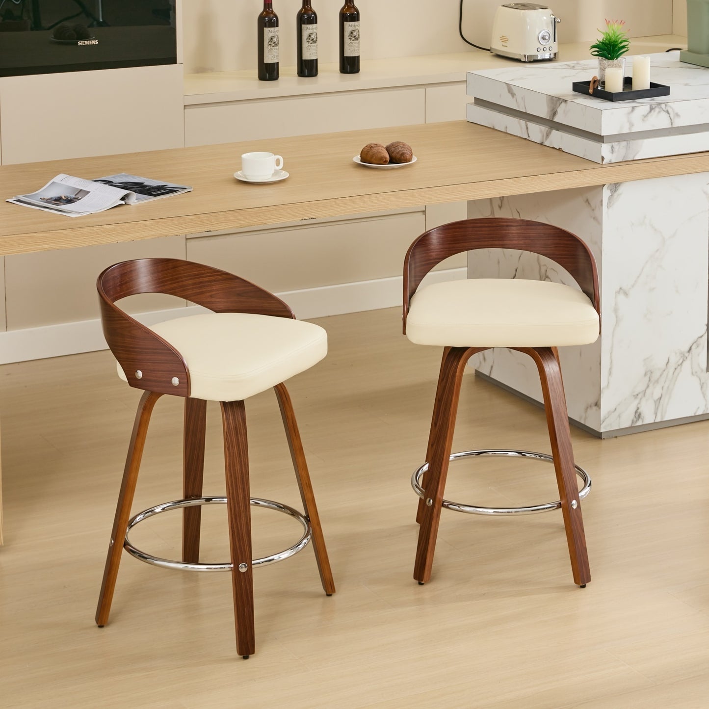 Bar Stools Set of 2, Swivel Bar Height Stools with Low Back, Wood Bar Chairs with Soft Cushion Seat, 25-Inch Seat Height (Beige, 25" Counter Height)