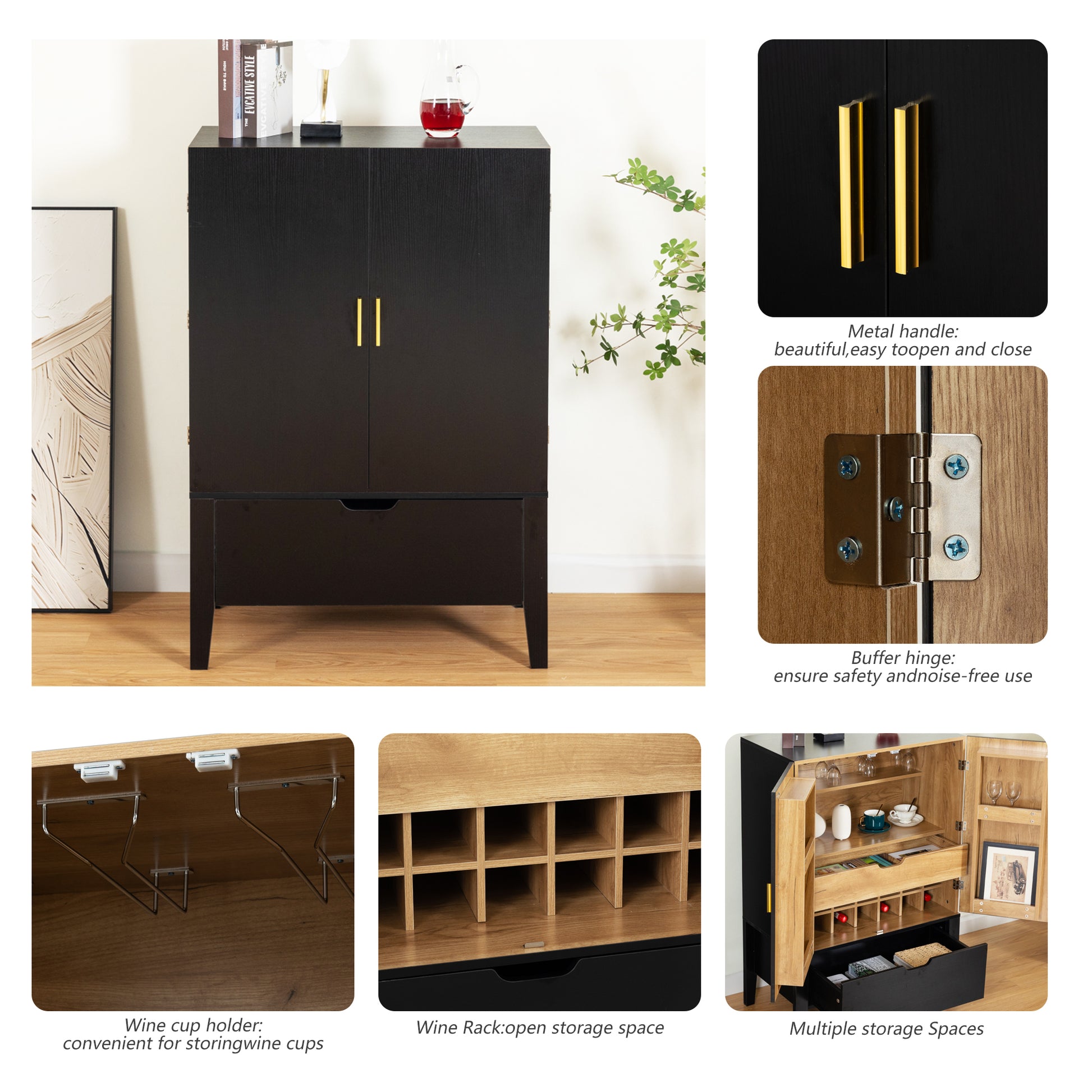 Lockers,side cabinets,Wine Bar Cabinet,Liquor Storage Credenza,Sideboard with Wine Racks & Stemware Holder,Wine glass holder,Metal handle, placed in family bars,hallways,living rooms,Color:black+Brown