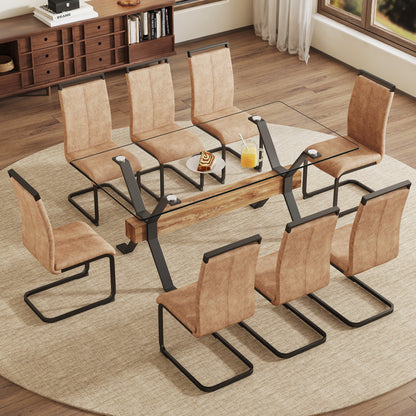 Dining table. Modern tempered glass dining table. Large modern office desk with black metal legs and MDF crossbars, suitable for home and office use. 8 high-end cushioned seats.F-1105  C-1162